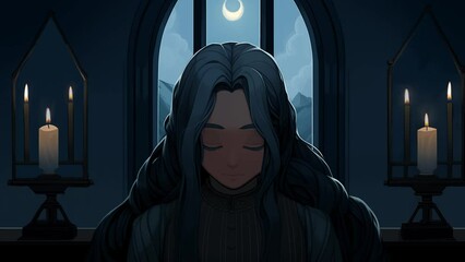 cute woman praying in a church, endless loop animation