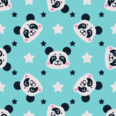 Cute panda face seamless vector pattern. Smiling baby bear with beautiful stars on a blue background. Funny animal, bright backdrop for boys and girls. Flat cartoon illustration for fabric, wallpaper