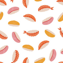 Nigiri seamless vector pattern. Fresh Japanese sushi with rice, salmon, tuna, shrimp, tamago omelette. Traditional Asian fish rolls, raw seafood appetizer. Flat cartoon background for menu, print, web