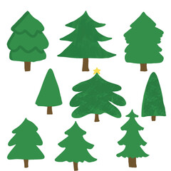 set of green trees isolated on white background