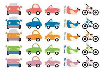 set of land transportation cartoon isolated on white background. bicycle, car, motorcyle, helicopter, airplane