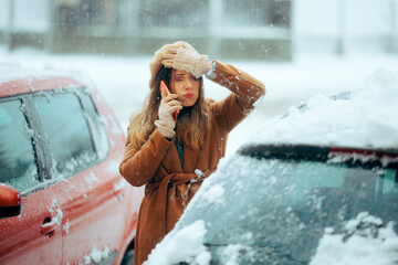 Woman Stuck in the Snow with Broken Car Calls the Service. Stressed driver getting help and...