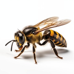 detail of bee or honeybee in Latin Apis Mellifera, european or western honey bee isolated on the white background, golden honeybee with shadow - obrazy, fototapety, plakaty