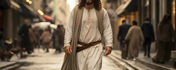 Jesus Christ walking in the city street - front view