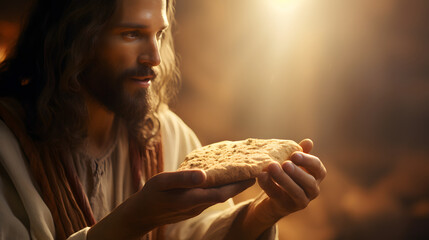 Jesus Christ giving out slice of bread with a blurred background 