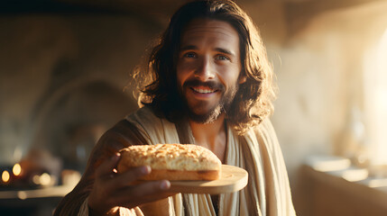 Jesus Christ giving out slice of bread with a blurred background 