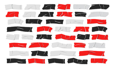 Collection of Black Red White Electrical Tape Vector. Blank Shiny Glossy Ripped Rubber Adhesive. Set of Digital Ribbons.