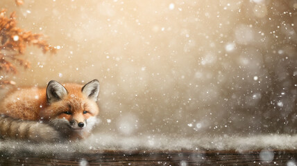 a cute fox cub sleeps in the wild against the background of winter, snow is falling, the incredible beauty of winter wildlife