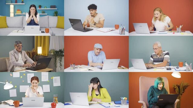 Multiscreen video of People sending wrong e-mails on laptops.