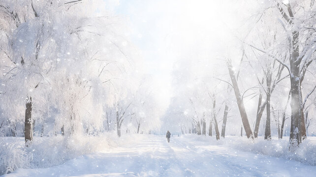 winter alley of trees, snowfall in the morning misty park, winter landscape, seasonal abstract blurred background copy space