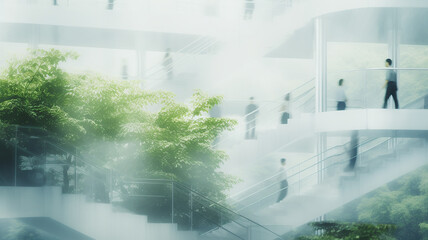 light blurred green background eco business center, office building inside interior, silhouettes of people blurred in motion - obrazy, fototapety, plakaty