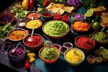Festive taco bar scene with an array of colorful toppings, salsas, and guacamole - obrazy, fototapety, plakaty