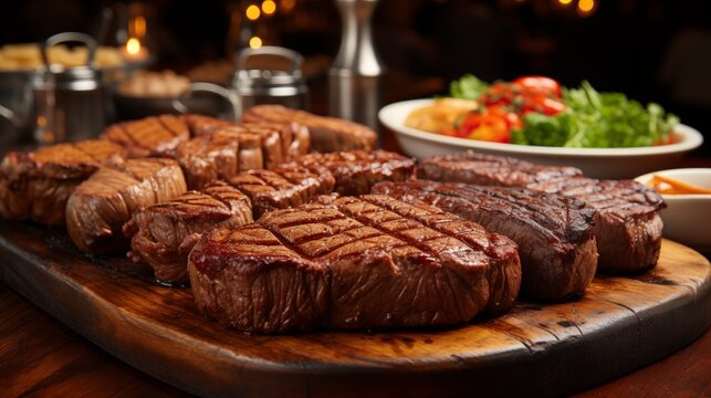 Grilled steak on wooden board with salad and sauces in the background