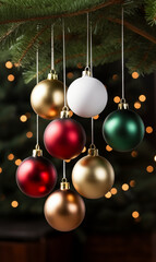 Fototapeta na wymiar Christmas balls hanging on xmas tree branch with bokeh lights background