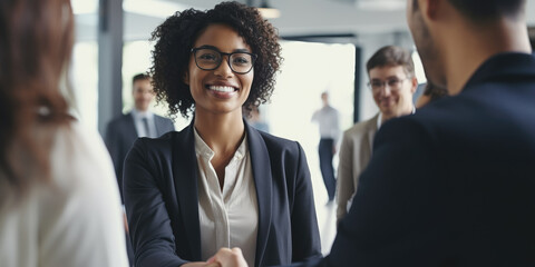 African American businesswoman shaking hands with businessman in meeting office