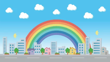 Rolgordijnen 虹のある街並みの風景壁紙 © ナナメニコ