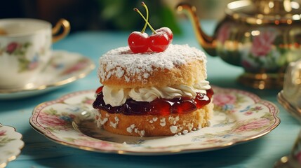 a vintage-inspired afternoon tea, complete with a classic Victoria sponge cake, served on a delicate china plate