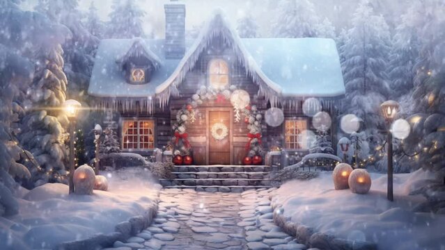 Christmas decorated house in winter and snowfall. Seamless looping video background animation, cartoon illustration style. Generated with AI
