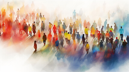 multicolored crowd top view, multicultural silhouettes of people spectrum rainbow watercolor style, light poster society, world - obrazy, fototapety, plakaty