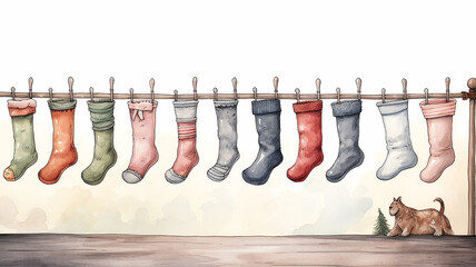 Christmas. A postcard with a decoration of socks hanging for gifts on the background of the fireplace. Christmas Eve.