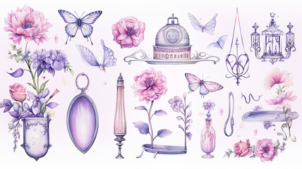 set collection of purple delicate accessories of a fairy princess watercolor drawing isolated on a white background  soft lavender color