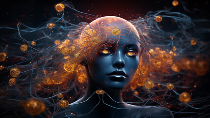 image of human and artificial intelligence technologies, neural connections on a black background, the development of new technologies, abstract futuristic fictional graphics