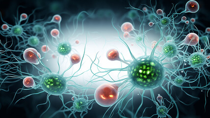 Obraz premium virus simulation at high magnification, cellular structure, chlorophyll, fictional graphics, neural connections, at the micro level, in green and glowing style