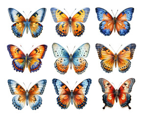Collection of watercolor butterflies isolated on transparent background