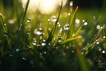 dew drops on green grass with blurred sunlight background. generative ai
