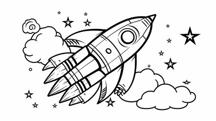 black and white sketch illustration mock-up of a space rocket starting, coloring book for a children's book, thin black outline image