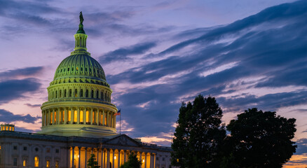 Capitol building at sunset, Capitol Hill, Washington DC. American Congress.