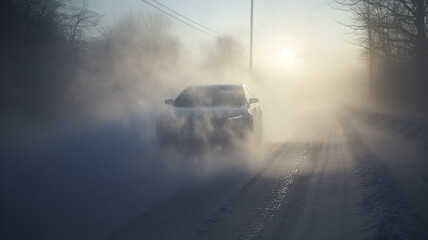 fog on a dangerous winter slippery road, a car with headlights in a risky climate cold and ice - obrazy, fototapety, plakaty