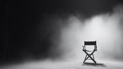 director's place, a lonely chair in the stage smoke on a dark background, the concept of cinema, management, loneliness
