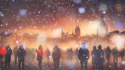 festive Christmas evening on the square in the city abstract landscape silhouettes of people in a snowfall, winter festive background