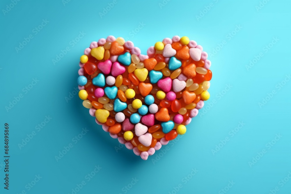 Poster multi-colored small candies with a heart-shaped layout. background with selective focus and copy spa