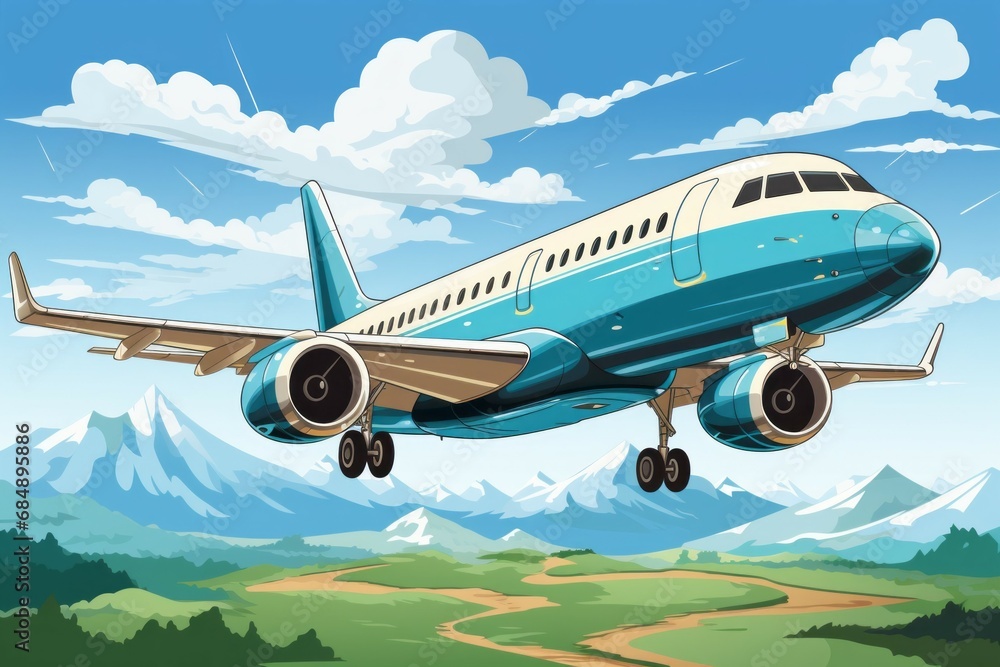 Poster airplane in the sky in drawing style. background with selective focus and copy space