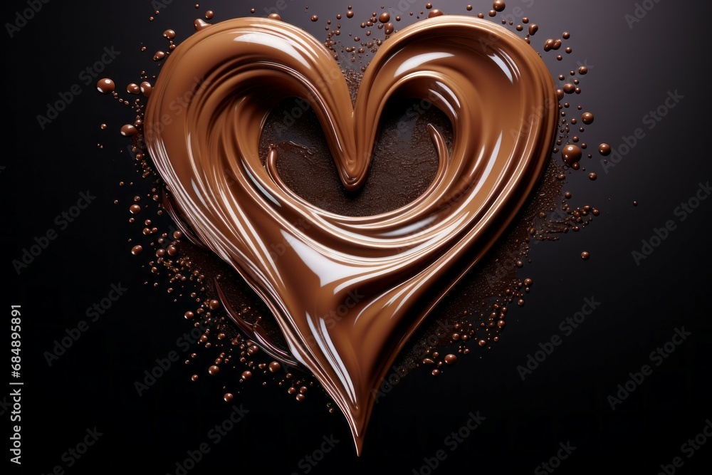 Aufkleber melted chocolate in the shape of a heart on a dark background with selective focus and copy space