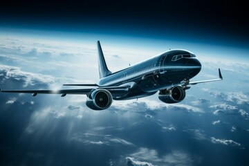 An airplane in the sky at a height above the Earth. Background with selective focus and copy space
