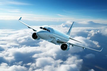 Airplane in the blue sky. Background with selective focus and copy space
