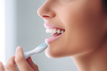 White teeth of a smiling woman brushing her teeth. Brushing your teeth every day keeps them...