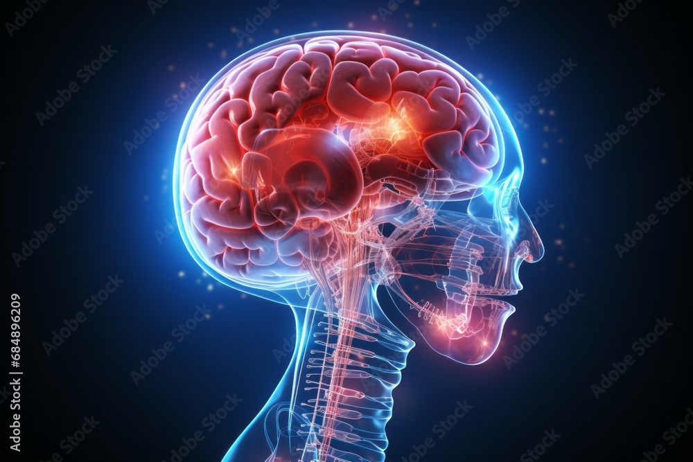 Poster hologram of the human brain. background with selective focus and copy space