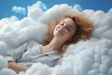 Cute young beautiful woman sleeping on a cloud. Portrait with selective focus and copy space for text
