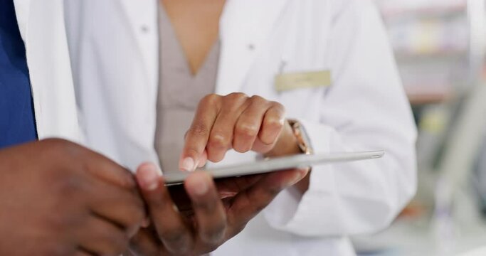 Pharmacist hands, tablet and pharmacy teamwork, medical research and healthcare training or e commerce in shop. Professional people, manager and doctors on digital technology or medicine stock data