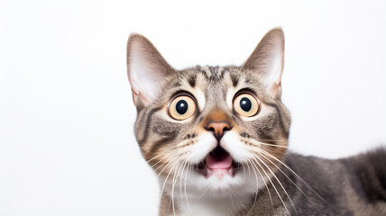 a frightened cat, an emotional portrait of fear isolated on a white background, a cat with big eyes is afraid