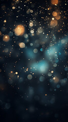 Fototapeta na wymiar vertical background festive light golden glow bokeh on black background, abstract background with copy space