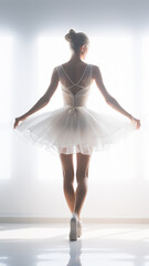 Naklejka premium vertical background ballerina in light white scenery, pure creativity dance performance ballet