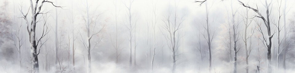watercolor white gray background autumn trees panoramic long narrow view landscape illustration light pastel tone