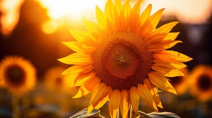 A captivating close-up shot of a sunflower bathed in the warm golden light of the setting sun, with its petals radiating a sense of warmth, happiness, and the beauty of nature.