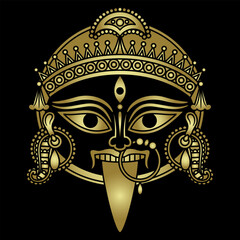 Head of goddess Kali. Hindu mask. Ethnic design. Indian female deity of destruction. Black and gold silhouette.