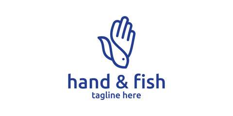 Fototapeta premium logo design combination of hand shape with fish. minimalist line logo.